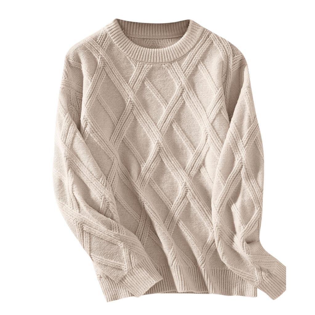 Women's Loose Round-Neck Pullover Diamond Textured Knitted Sweater Long Sleeved Tops