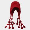 Gorro de Invierno Rojo Tejido a Mano para Mujer - Gorro con Borla para Protección de Orejas, Regalo de Navidad, Gorra de Viaje Holgada de Moda con Cuerda