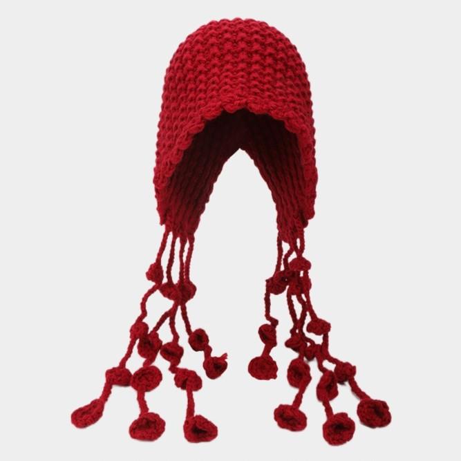 Gorro de Invierno Rojo Tejido a Mano para Mujer - Gorro con Borla para Protección de Orejas, Regalo de Navidad, Gorra de Viaje Holgada de Moda con Cuerda