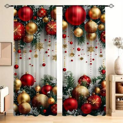 2 Pieces Golden Christmas Pattern Curtains Festive Christmas Balls Curtains Suitable for Living Room Kitchen Bedroom Christmas