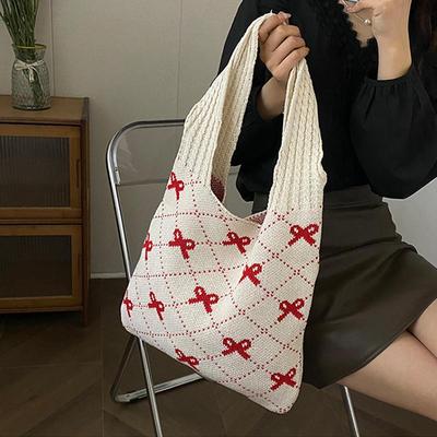 Women Crochet Tote Bag Large Capacity Bow Pattern Knitted Shopping Bag Designer Beach Bag Shoulder Bag for Traveling Handbag