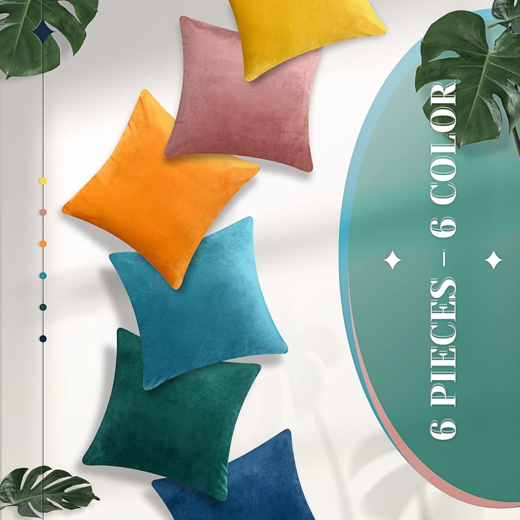 Pack of 6 Velvet Decorative Throw Pillow Covers Solid Square Soft Pillowcase Set Cushion Cases for Sofa Couch Bed Car Home Decor 18 x 18 inches/ 45 x