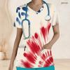 Women Plus Size V Neck Short Sleeve Scrub Top Spiral Tie Dye Patriotic Red White Blue Print Nurse Uniform Top
