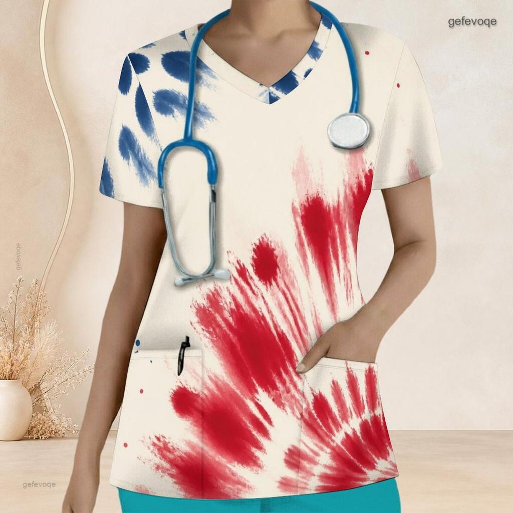 Women Plus Size V Neck Short Sleeve Scrub Top Spiral Tie Dye Patriotic Red White Blue Print Nurse Uniform Top