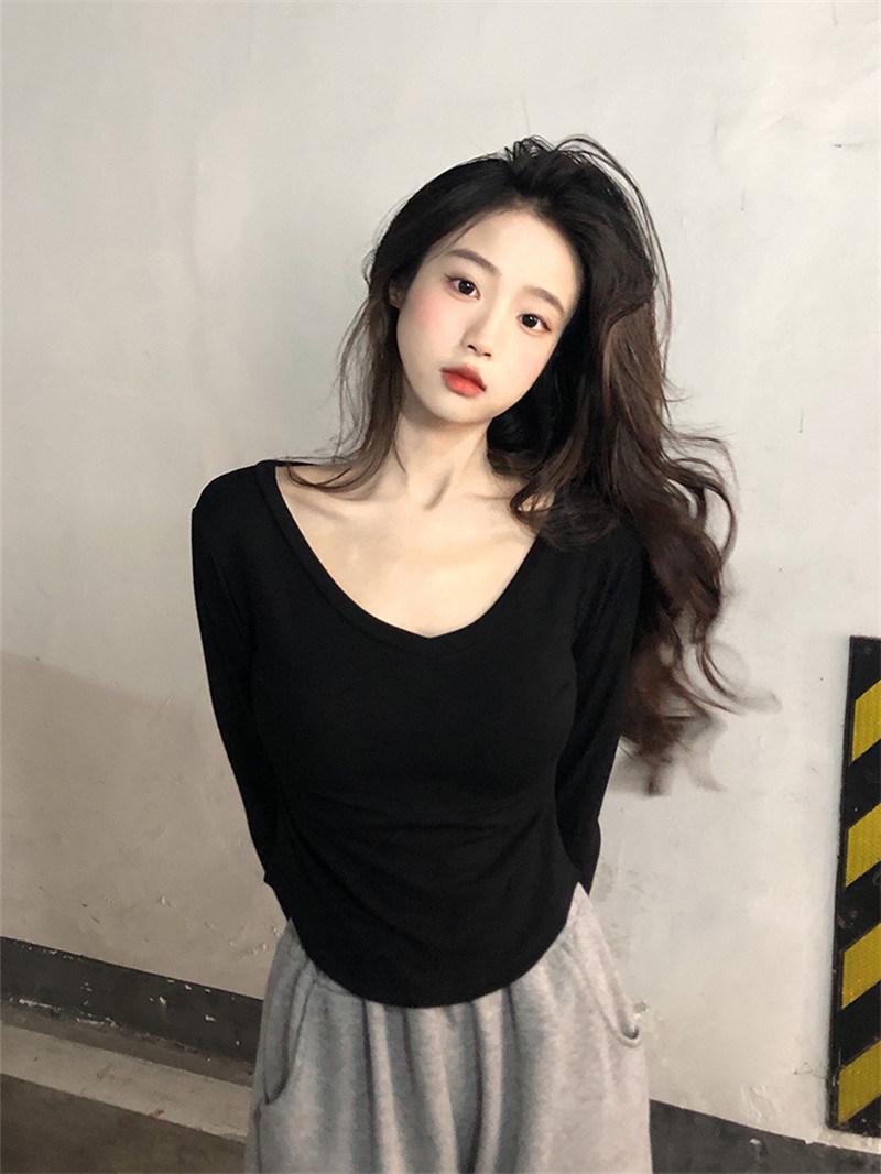 

2023 Autumn Women s Chic V-Neck Slim Long-Sleeve T-Shirt: Модный стиль горячей девушки M чёрный