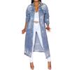 European & American Spring/Autumn Women's Washed Ripped Denim Long Sleeve Trench Coat with Lapel