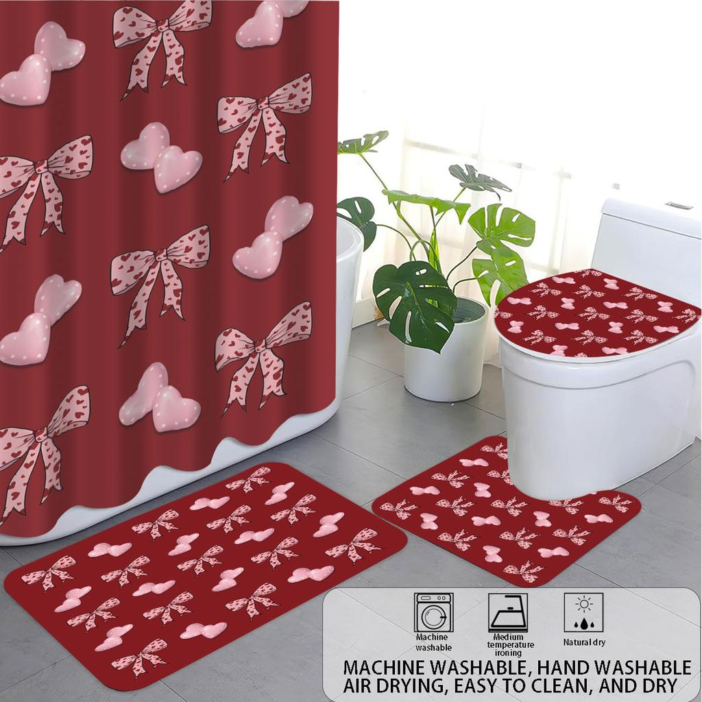 4pcs Valentine's Day Romantic Red Bow Printed Bathroom Set Waterproof Shower Curtain Floor Mat Toilet Mat U-Shaped Mat