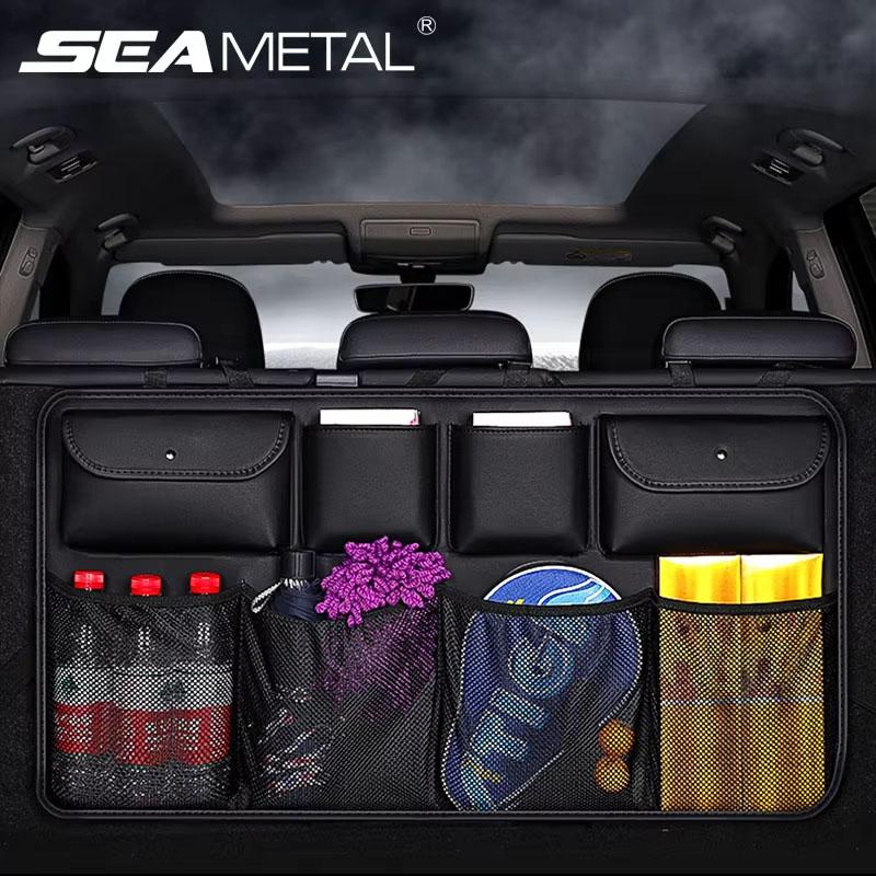 SEAMETAL Car Trunk Organizer PU Leather Multi-Pocket Auto Seat Back Hanging Storage Bag Mesh Net Universal for Suv Hatchback Mpv