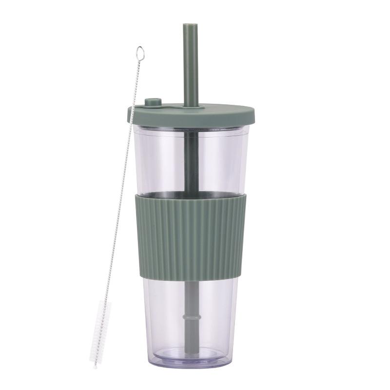 2025 Large Capacity Double Layer Plastic Cup Large Hole Straw Pearl Boba Milk Tea Cup Portable Outdoor Straw Cup