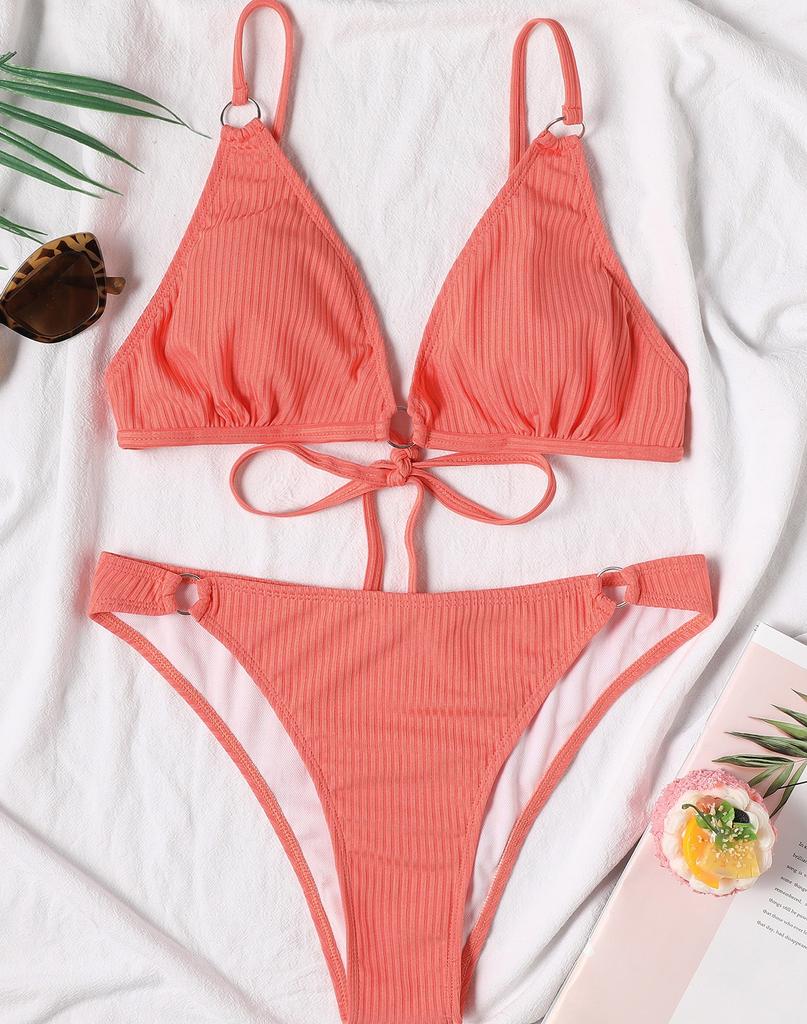 Women's Swimsuit Solid Color Pit Strip Triangle V Neck Sexy Back Tie Bikini Beachwear Bathing Suits