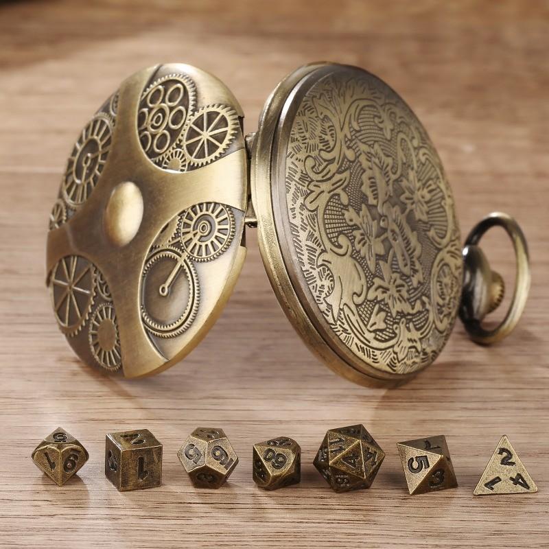 DND Dice Bronze Gear Pocket Watch Case Thick Waist Chain Bronze Dice Board Game