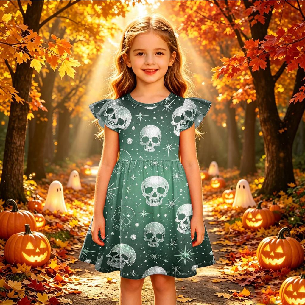 Kids Casual Halloween Printed Sleeve Dress for Party and Holiday