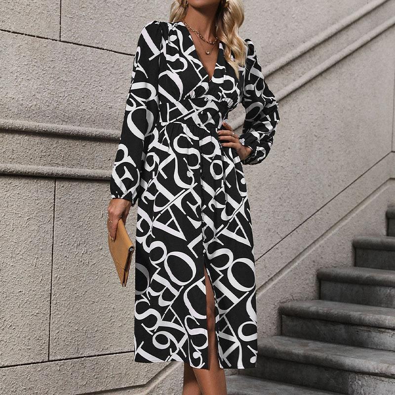 Long dress 2026 autumn and winter European and American women s clothing long-sleeved geometric printing dress S
