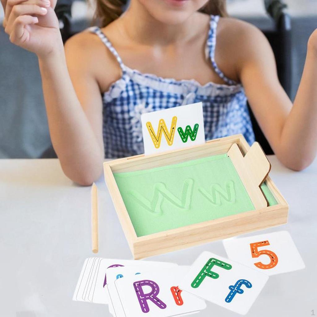 Deep Wooden Sand Writing Tray and Pen with 26 Letter Cards 10 Nubmer Cards, for Kids Drawing