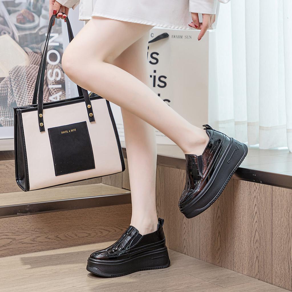 7.5cm Patent PU Synthetic Leather Platform Wedge Chunky Sneakers Spring Fashion Boots Well-fitting Women Autumn Shoes
