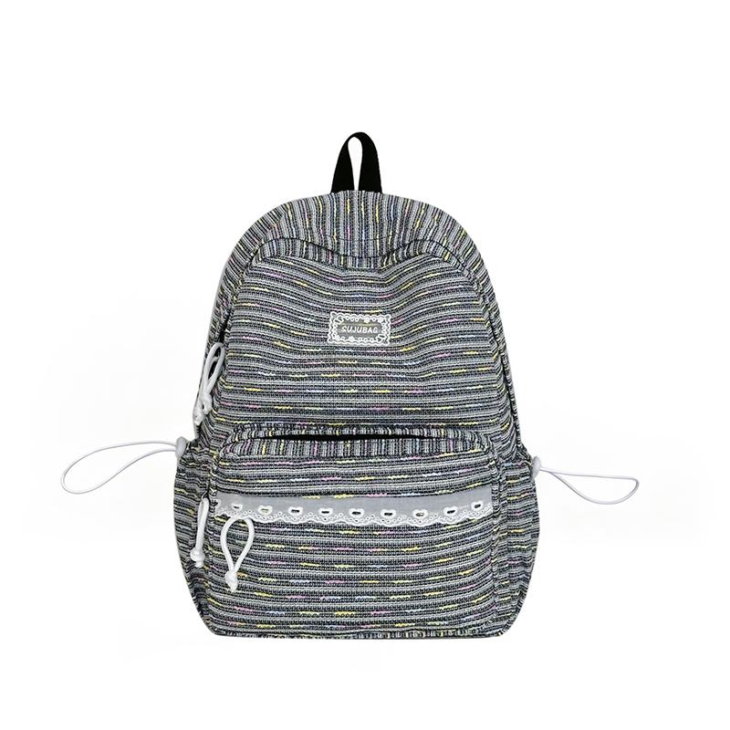 Cute Striped Backpack with Lace Trim, Lightweight School Bag for Women and Teens