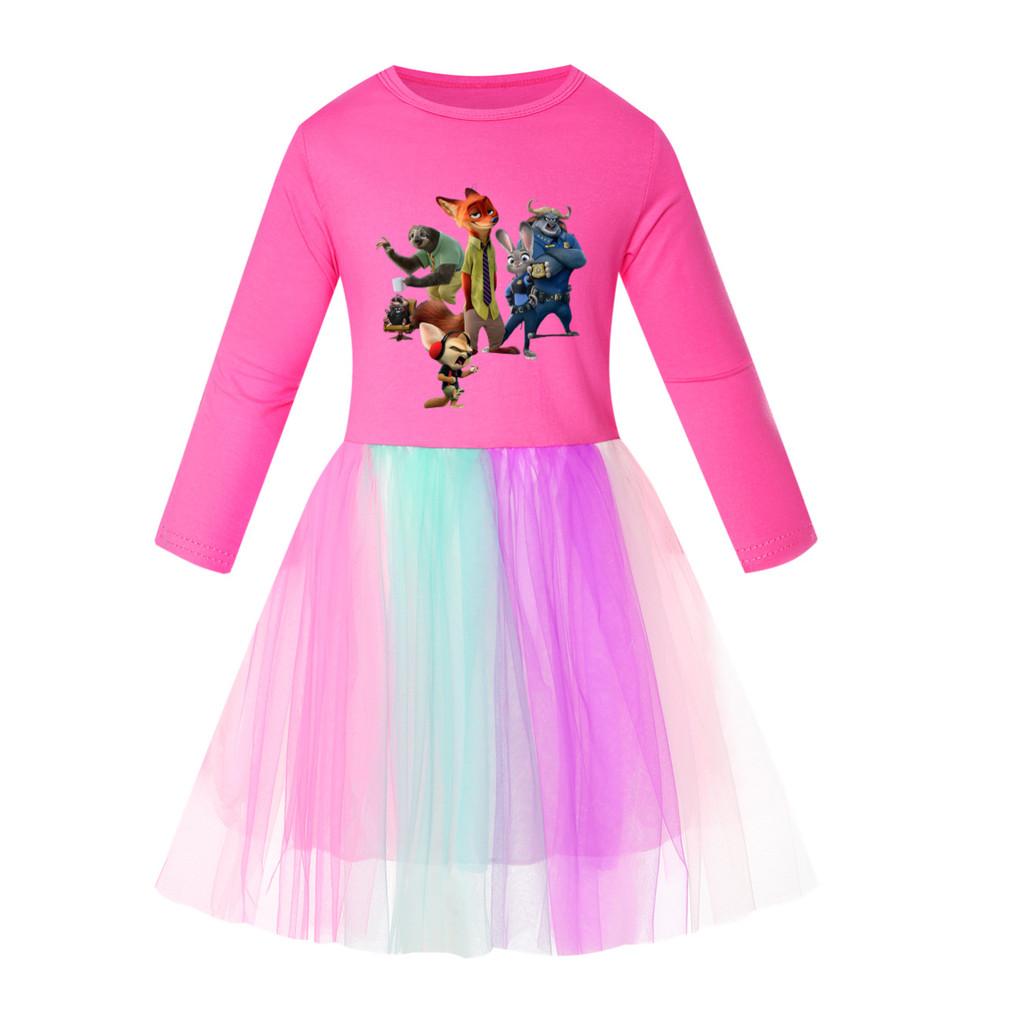 Rochie Casual din Bumbac cu Mâneci Scurte pentru Fete, cu Imprimeu Vulpe Iepure, Plasă Curcubeu, Gât Rotund