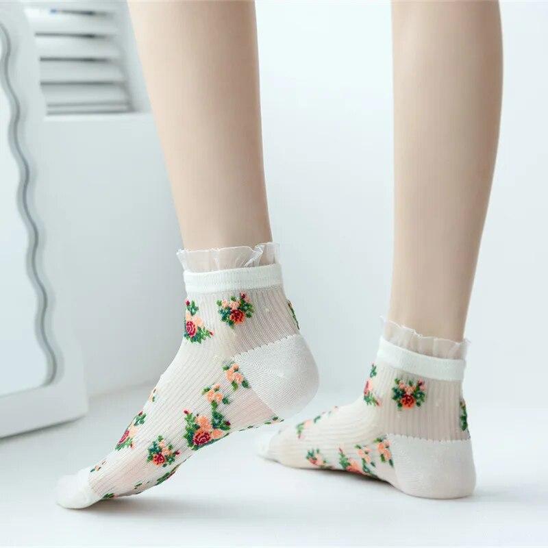 Japan Style Lace Ruffle Socks Flower Embroidery Harajuku Retro Women Short Socks Summer Ultra-thin Transparent Crystal Silk Sock