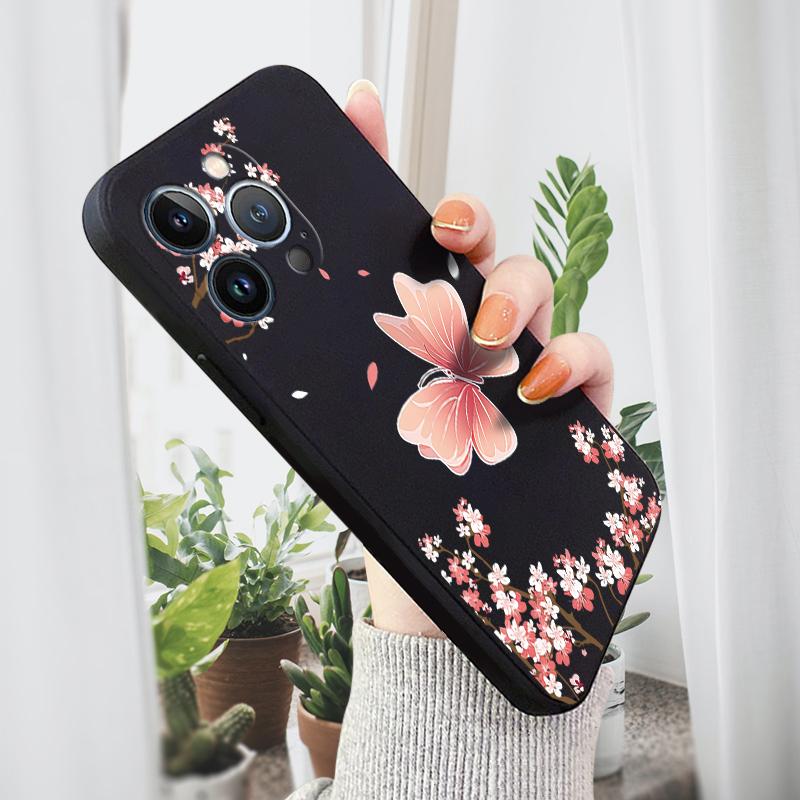 

Для iPhone 16 15 14 13 12 Pro Max 13 12 Mini 14 15 16 Plus SE розовый красивый цветочный жидкий силиконовый защитный чехол для объектива телефона iPhone 16 Plus чёрный