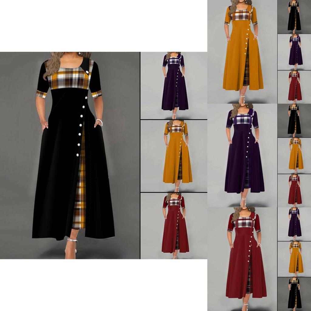 Casual Women Irregular Plaids Button Maxi Dress Half Sleeve Plus Dress Size