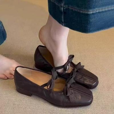 Chaussures Mary Jane à nœud rétro à bout carré pour femmes, nouvelles à encolure basse, à enfiler, à talon bas, ballerines