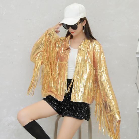 Lapel Long Sleeve Open Stitch Short Type Women Coat Shiny Sequins Tassel Stage