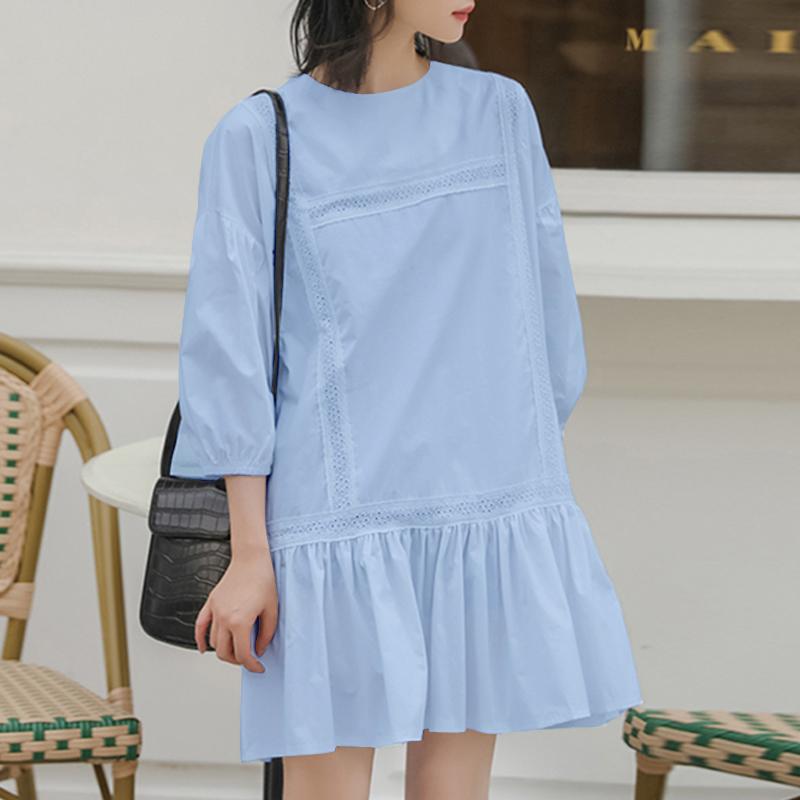 

ZANZEA Женское повседневное свободное платье с круглым вырезом и рукавами 3/4, однотонное кружевное платье XL светло-синий