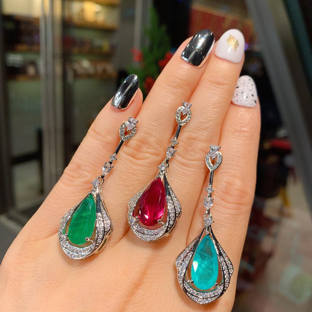 Cross Border S925 Silver Needle Paraibal Emerald Red Corundum Earrings Fashion