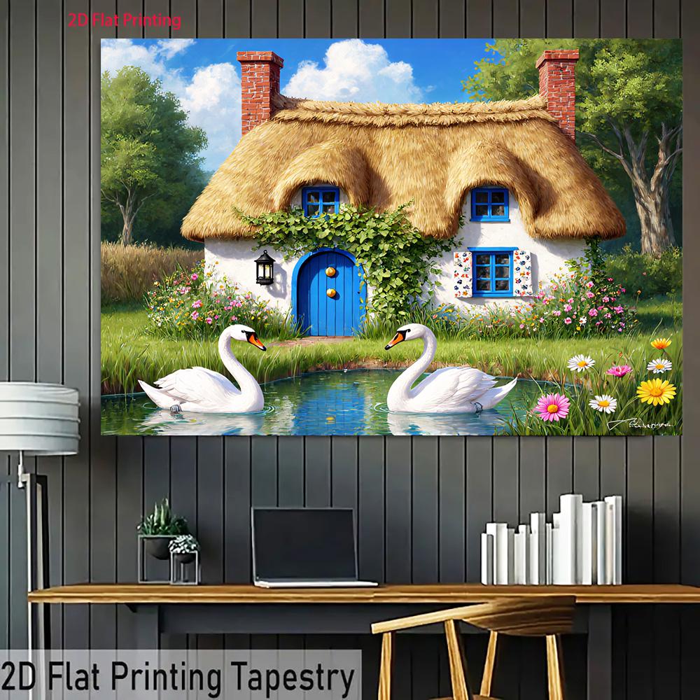 One-piece fairy tale cottage with a swan lake, suitable for party themes and occasions, room decoration backdrop fabric