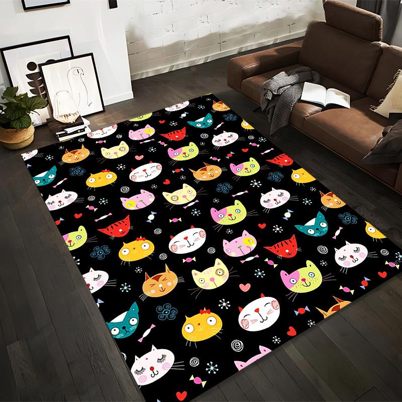 

Colorful Cartoon Cat Faces Pattern with Hearts and Candy on Black Background Carpet Suitable for use as an anti-slip for room and bedroom sofas 40x60cm( 15x23in )