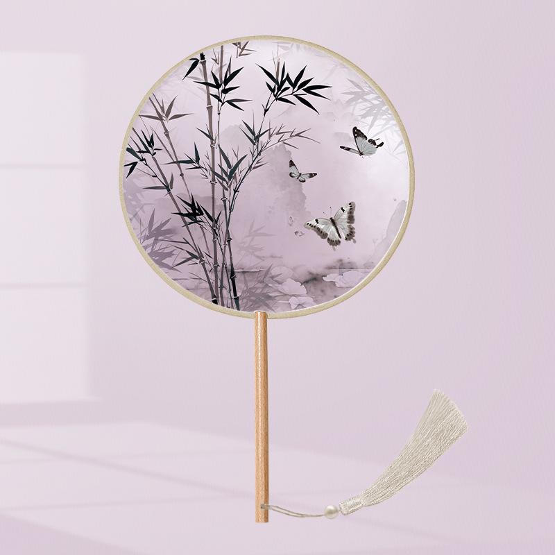 Girls' Summer Hanfu Dance Fan: Long Handle, Double-Sided Embroidered Round Fan for Traditional Costume