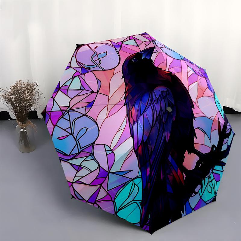 Buntglas Rabe Wandkunst: Lebendige Vogeldekoration für jeden RaumRegenschirm, Tragbarer 3-fach Kompakter Regenschirm, Weihnachtsgeschenk ES608