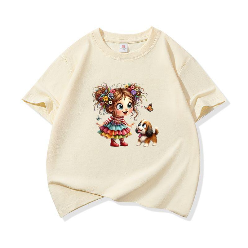 Kids Cotton T Shirt Girl Wear Colorful Dress With Puppy Dog Print Crew Neck Short Sleeve Tee Casual Boys Girls Summer Tops