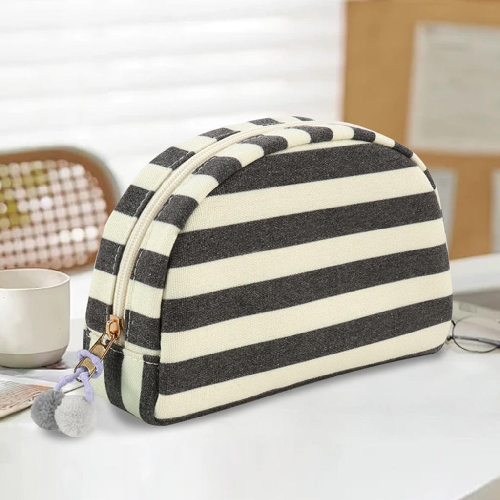 Canvas semi-circular storage bag with large capacity and striped shells for storing makeup bags