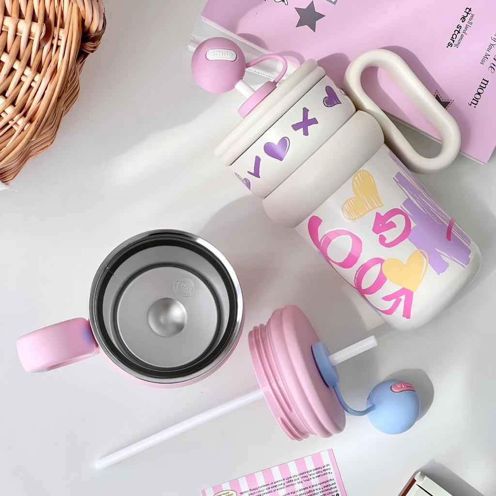 Cartoon Style Insulation Cup For Girls With Large Capacity And Builtin Straw For Home Use