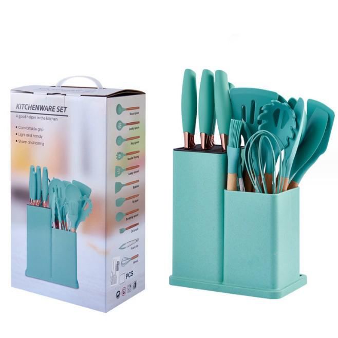 19-Piece Non-Stick Silicone Kitchen Utensil Set with Knives and Storage Bucket