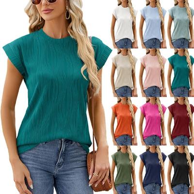 DX~~ טי-שירט קז'ואל לנשים עם שרוולים קצרים, צווארון עגול, צבע אחיד וגזרה רפויה חדש~~