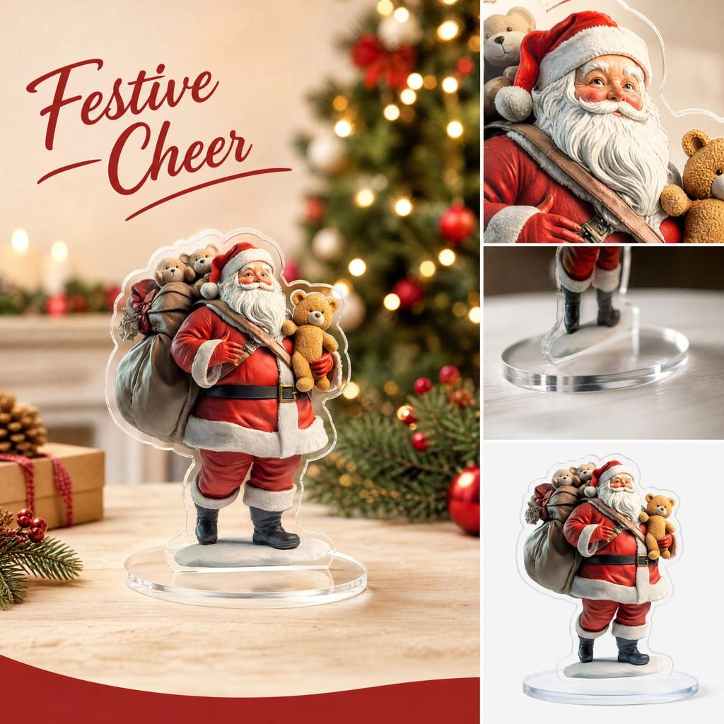 Christmas 2D Acrylic Flat Standee Desktop Decoration Gift Ornament, 18 and Bear with Bag Design
