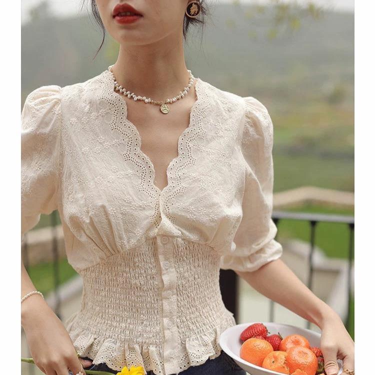 Women's Summer 3D Floral Puff Sleeve Top