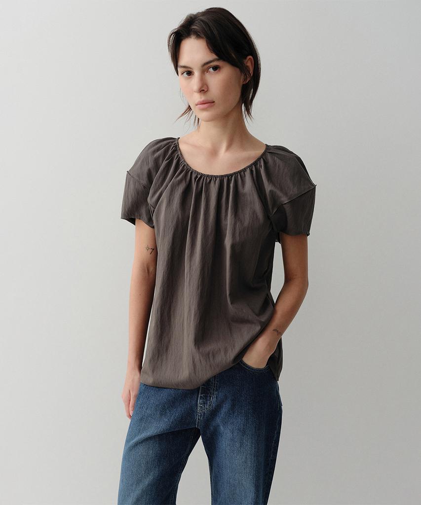Ia Joy Puff Shirring Blouse (Brown)