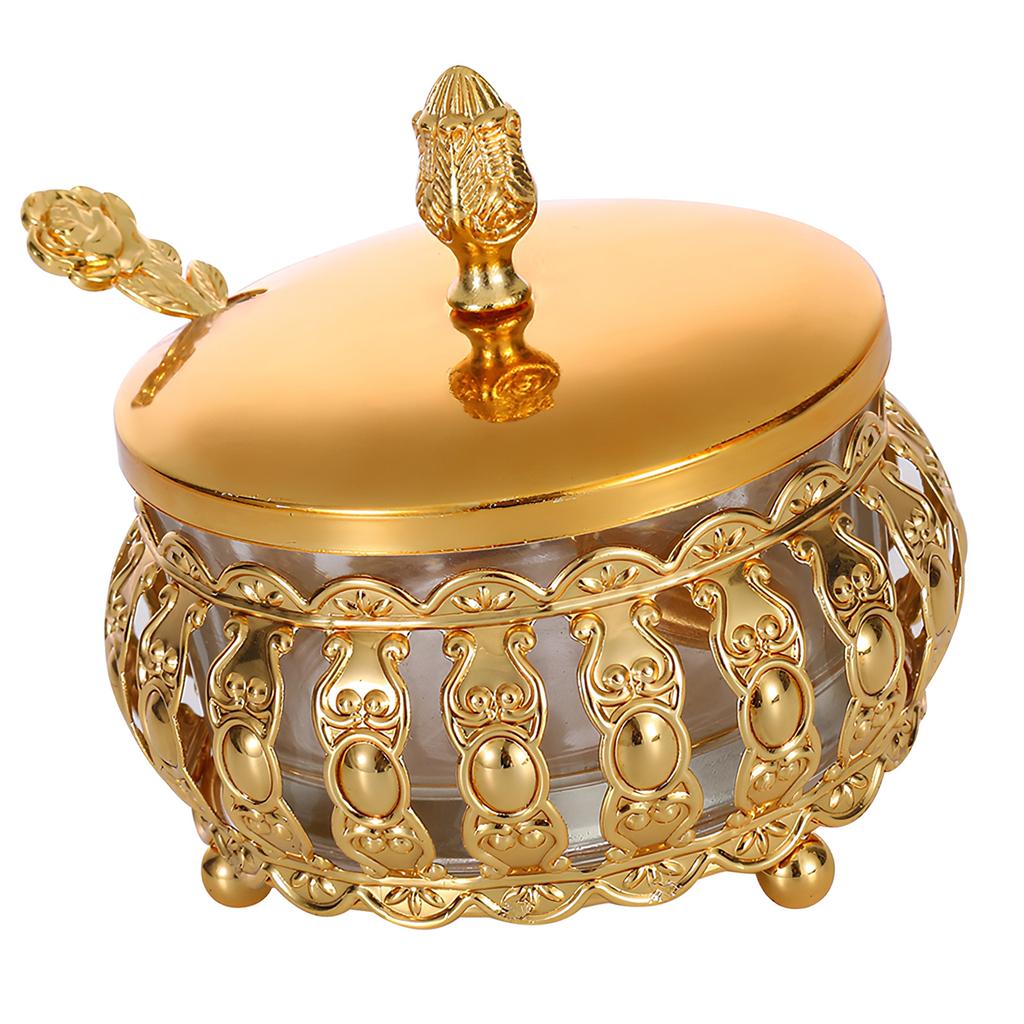 Decorative Hollow Out Iron Sugar Bowl With Clear Glass Canister and Spoon Multiuse Spices Jar For Storing Dry Ingredient