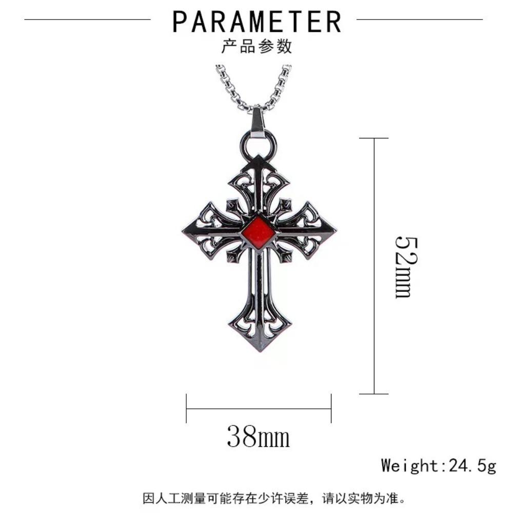 Fashion Personality Hollowed Out Pattern Red Gemstone Cross Pendant Necklace for Men Women Gothic Punk Halloween Jewelry Gifts