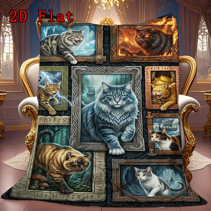Feline Fantasy Portraits 2D Flat Pattern Flannel Blanket, High quality All Seasons, Home Decor, Warmth and Comfort, Perfect for Christmas Gifts.
