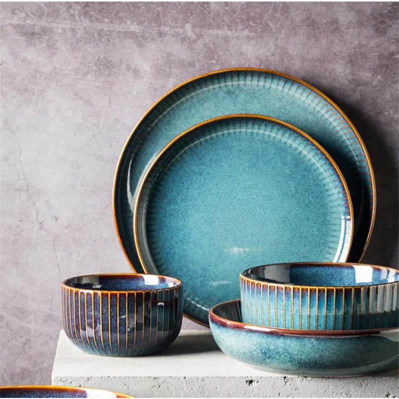 Nordic Style Kiln Glazed Ceramic Rice Salad Bowl Soup Bowl Round Dish Dinner Plate Tableware