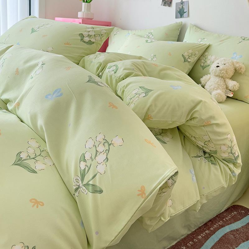Small Fresh Mattress Quilt Cover Class A Maternal And Infant Grade Cartoon Dormitory Bed Sheet Three-Piece Set Super Soft Washed Cotton 4Pcs Set