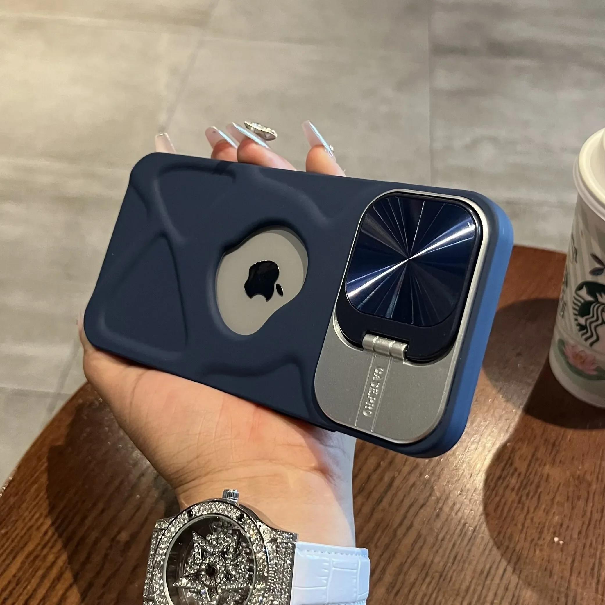 

Fashion Logo Hole Magsafe Case for iPhone 16 11 12 13 14 15 Pro Max Plus Lens Protection Bracket Magnetic Wireless Charge Cover For iPhone 14ProMax