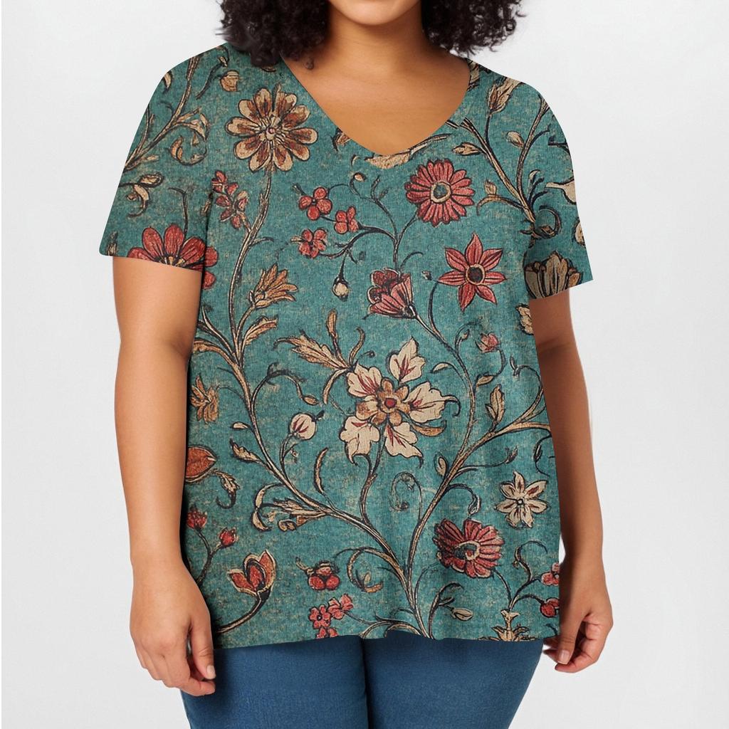 Women's Fashion Casual V-Neck Pullover Short Sleeve Large Size Vintage Printed Top