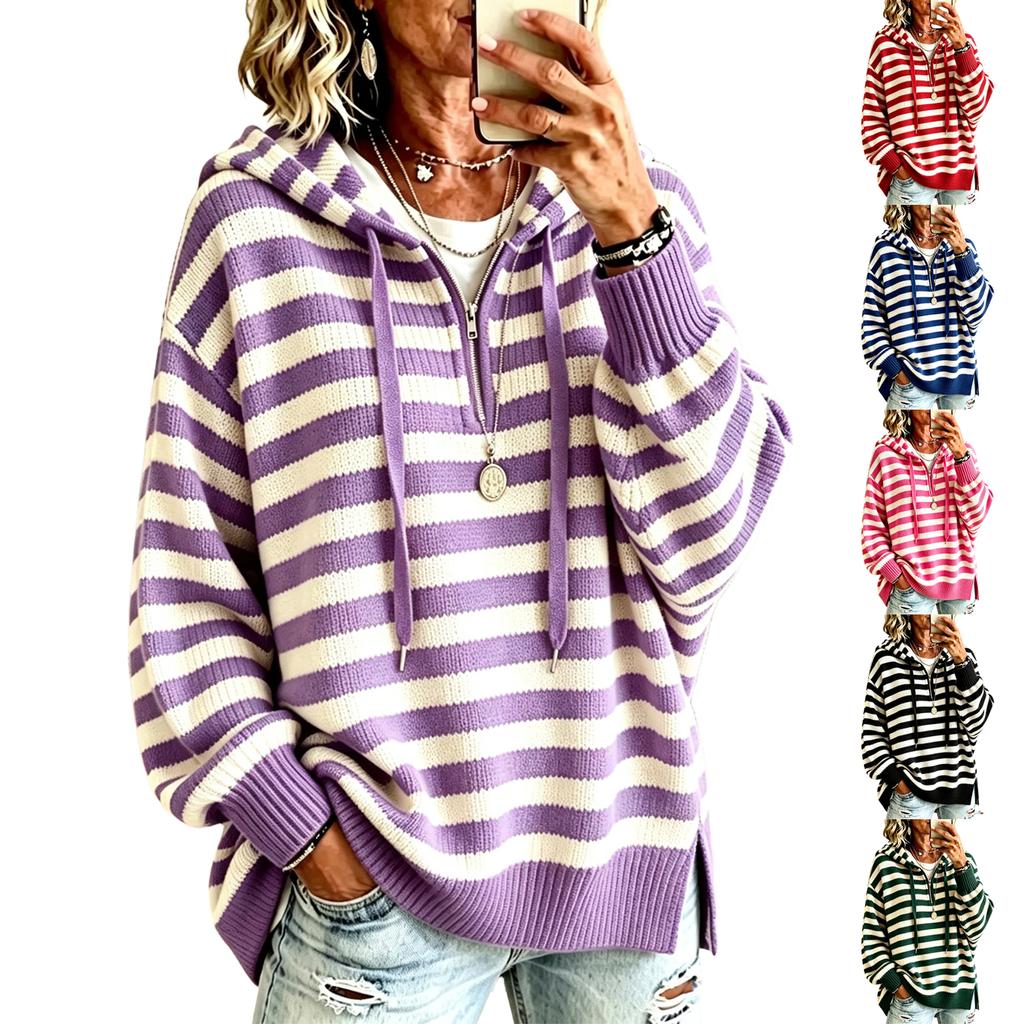 Maglione da donna vintage a righe con cappuccio e mezza zip