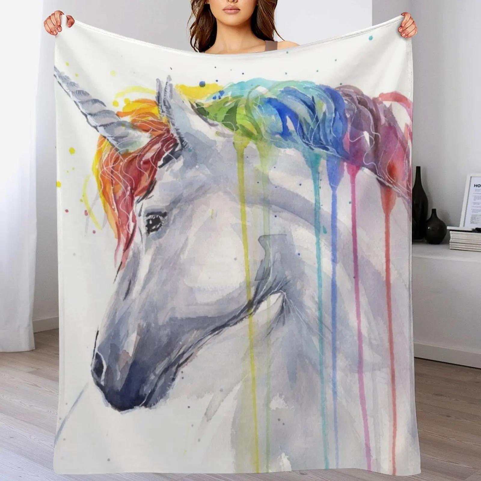 Rainbow Unicorn Watercolor Throw Blanket All Weather Soft Throw Blanket for Sofa 102x76cm(40x30in)