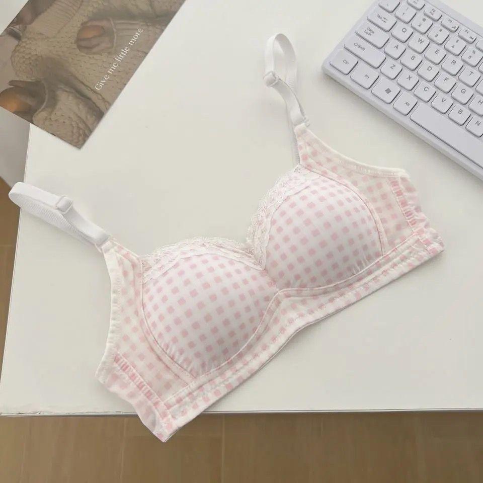 Sweet Underwear Women's Lace Edge Plaid Small Breasts Gathered Without Steel Rim Student Thin Breathable Anti-sagging Girl Bra